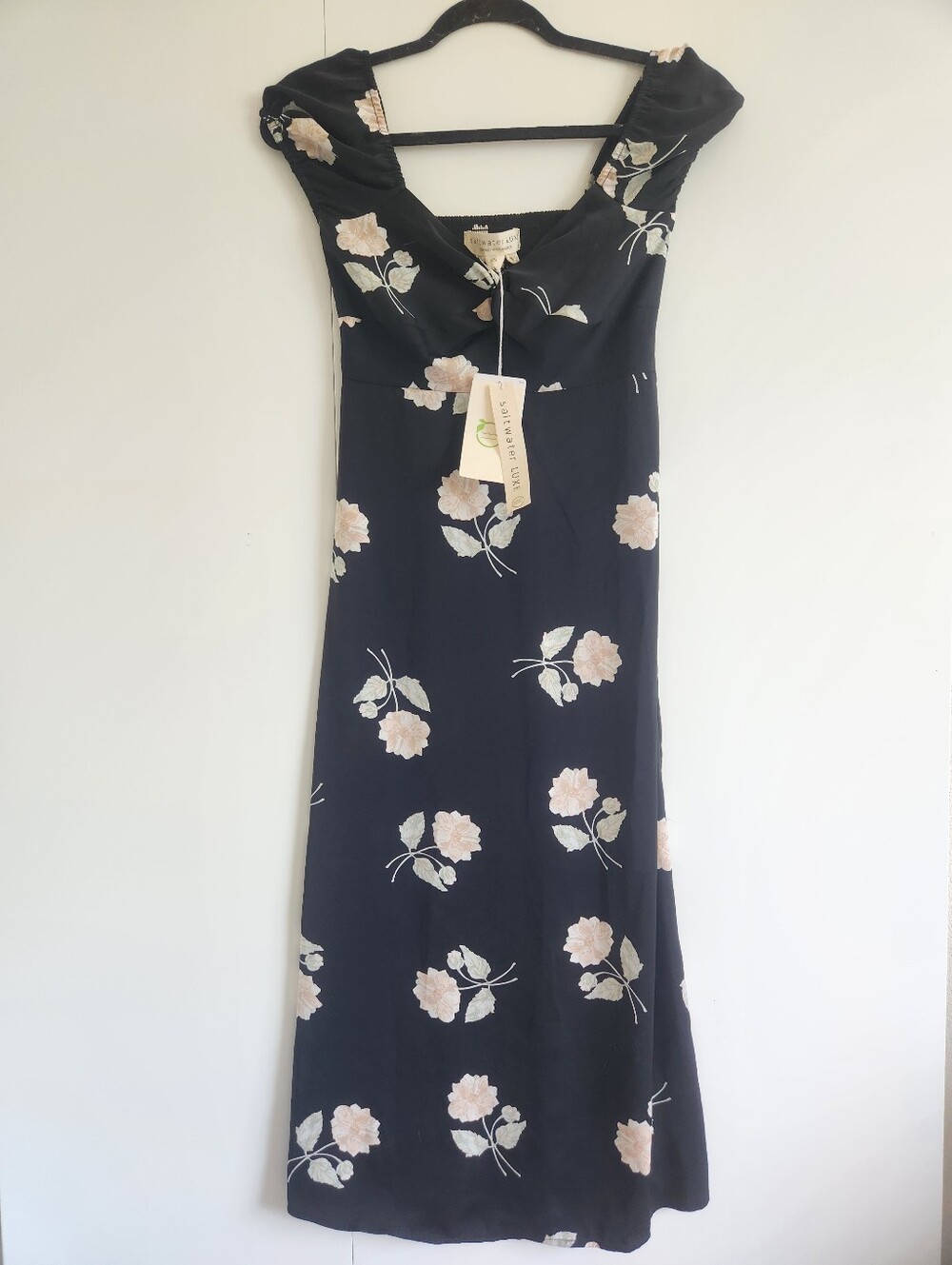 Saltwater Luxe Floral Midi Dress XS NWT Black Pink Puff Sleeve Cottagecore